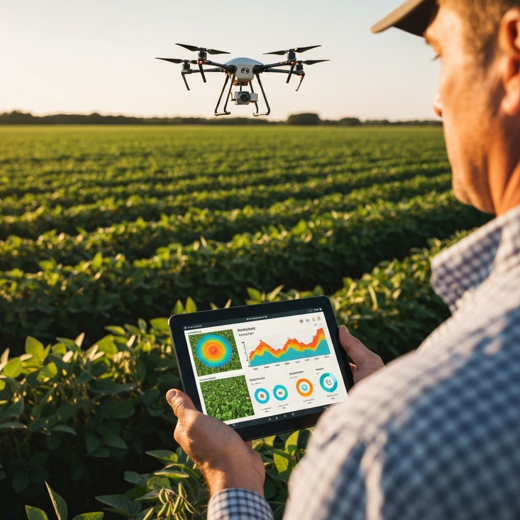 Tecnologia no campo: tablet com dados de safra e drone sobrevoando plantacao